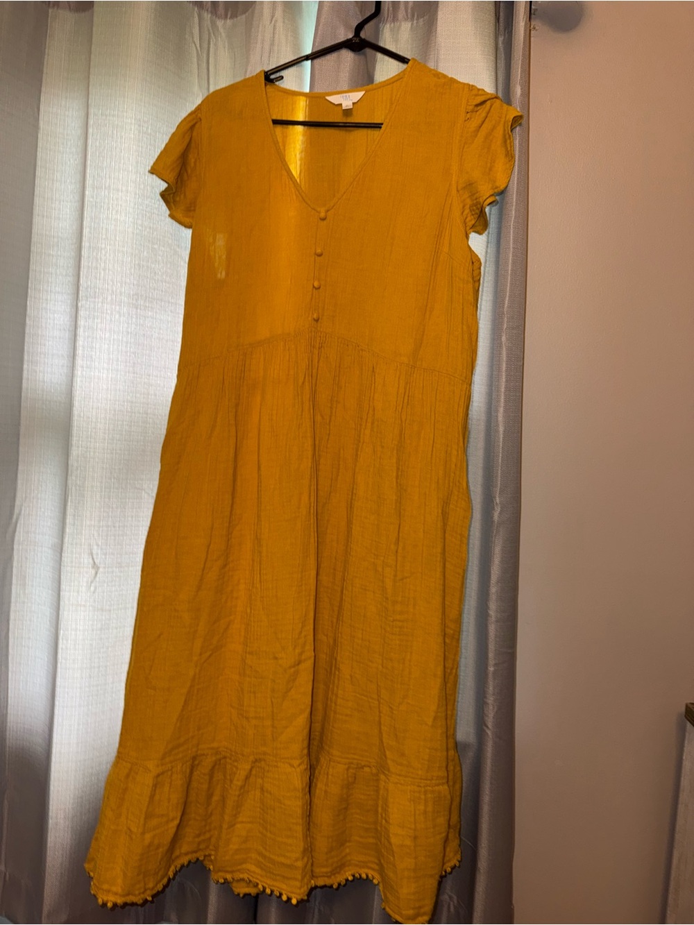 Time and Tru Mustard Midi Dress with V-Neck and Ruffle Hem